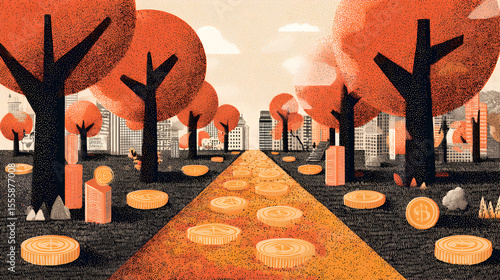 Illustrated park scene with path of coins leading to cityscape and stylized autumn trees