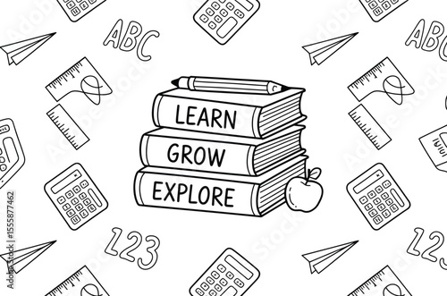 Books pencil apple calculators rulers paper airplanes A B C numbers