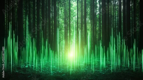 technology and nature for sustainable growth concept. A dense green forest with vertical glowing light bars rising from the ground, merging nature with digital visualization.