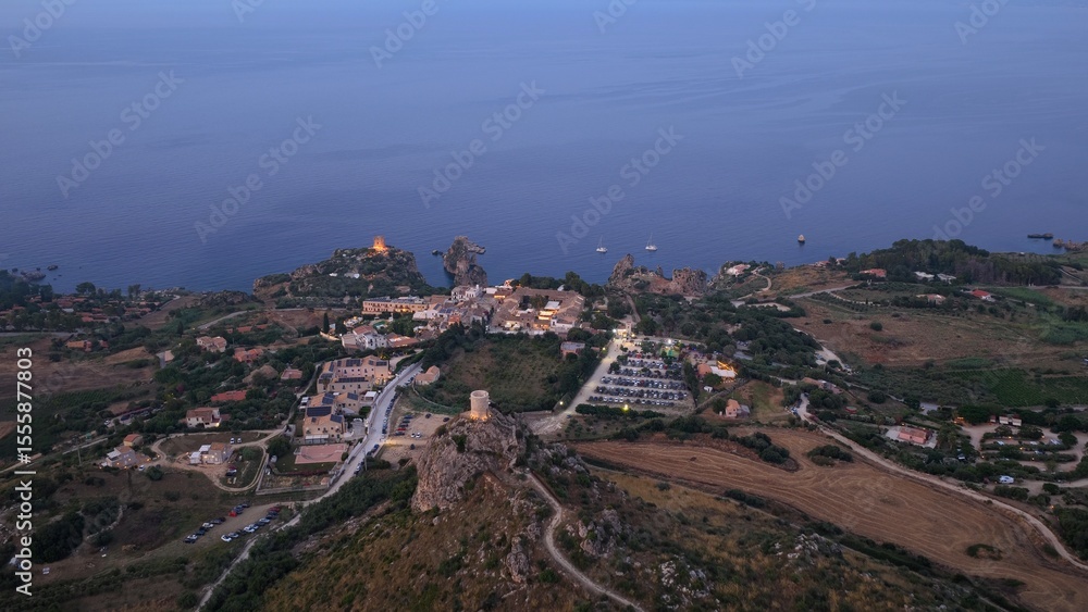 Naklejka premium La Tonnara di Scopello. Trapani, Sicilia, Italia. Vista aerea panoramica della baia di Scopello, tra Palermo e San Vito Lo Capo. Riserva dello Zingaro.