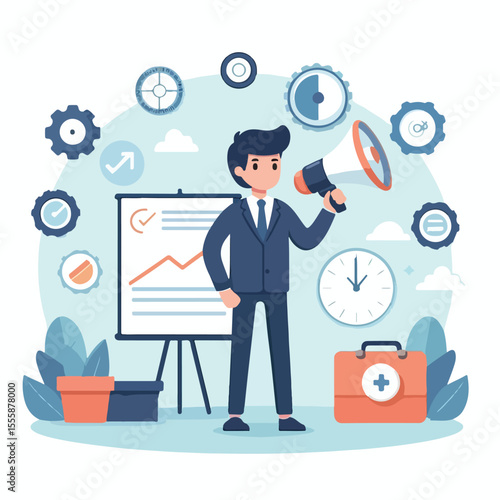vector image of a person using a megaphone to present information on a white background