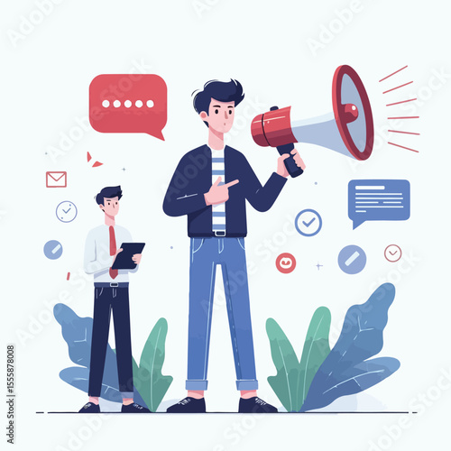 vector image of a person using a megaphone to present information on a white background