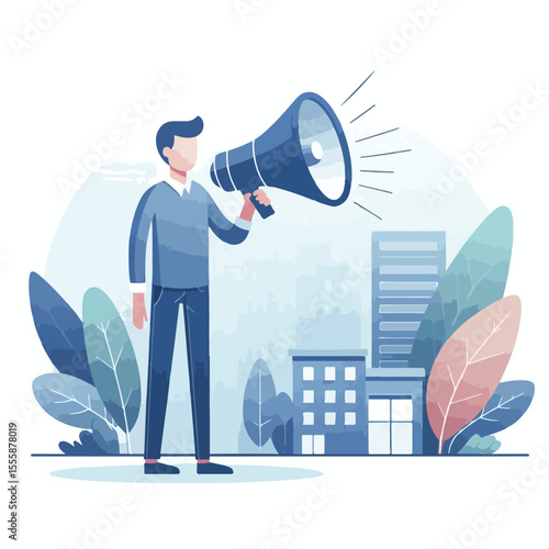 vector image of a person using a megaphone to present information on a white background