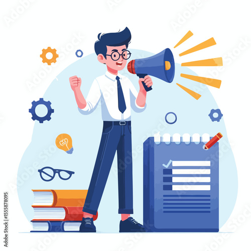 vector image of a person using a megaphone to present information on a white background