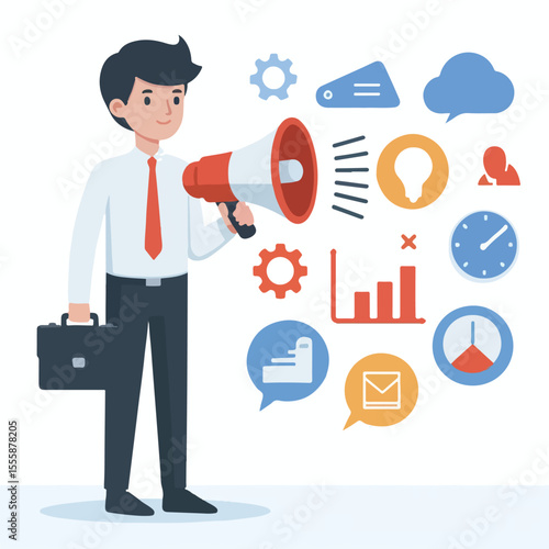 vector image of a person using a megaphone to present information on a white background