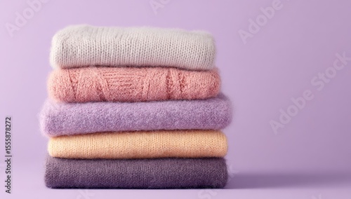 A neatly stacked pile of five soft, pastel-colored knit sweaters against a pale purple background