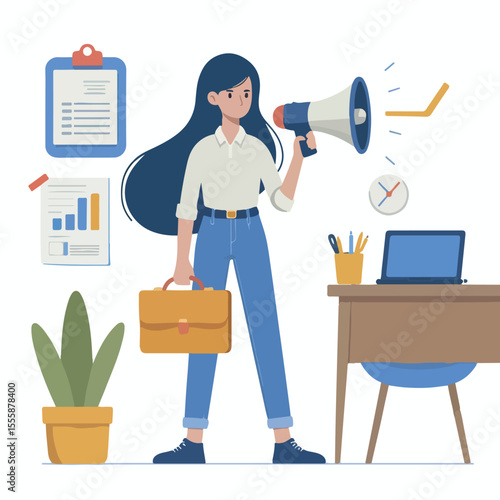 vector image of a person using a megaphone to present information on a white background