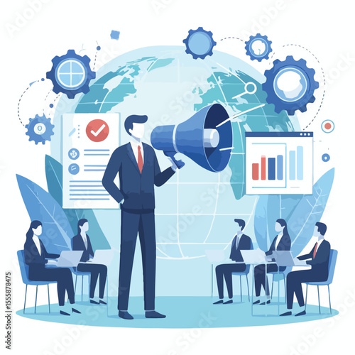 vector image of a person using a megaphone to present information on a white background