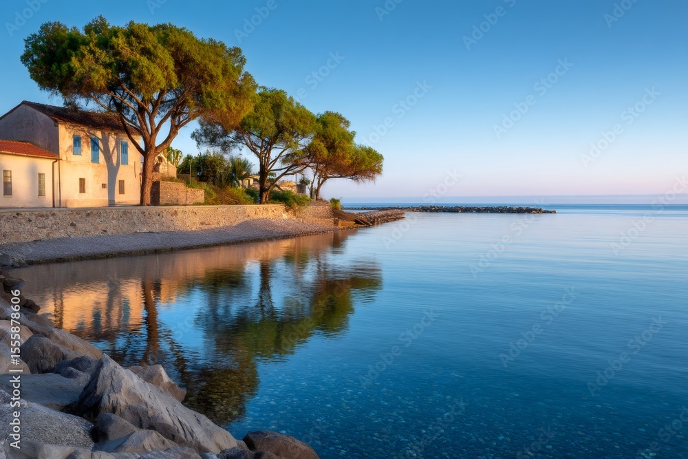 Fototapeta premium Calm mediterranean sea reflecting maritime pines and houses at sunrise