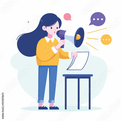 vector image of a person using a megaphone to present information on a white background