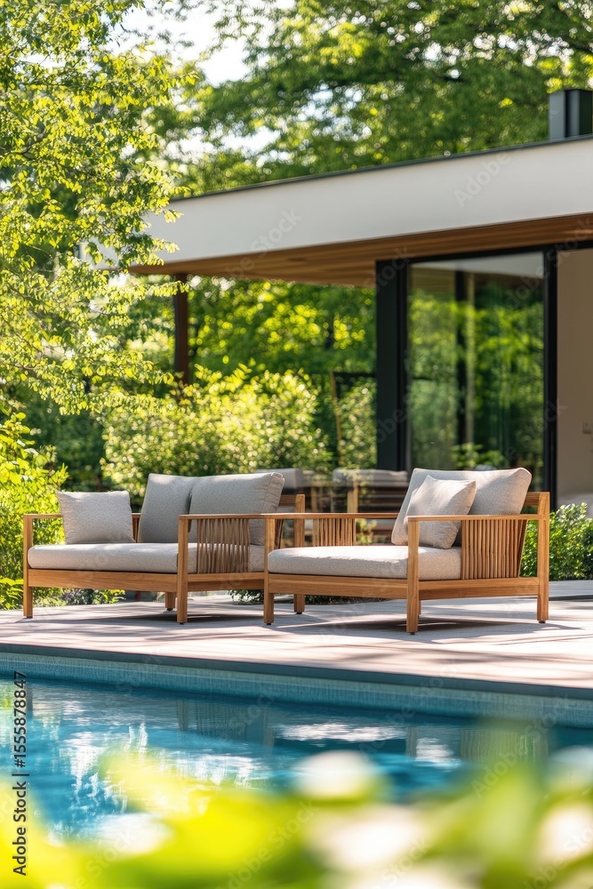 Fototapeta premium Outdoor teak furniture set by pool