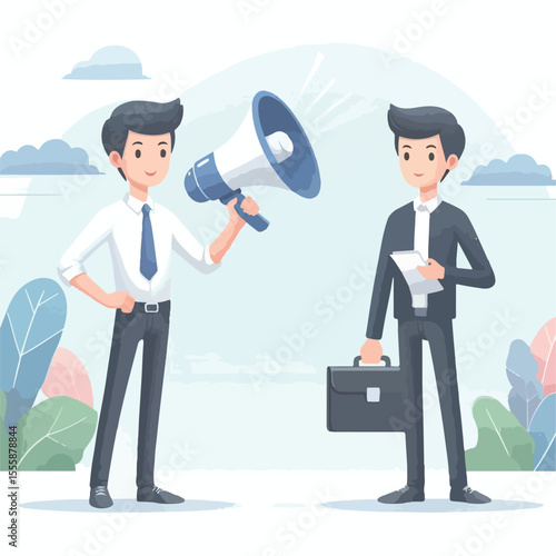 vector image of a person using a megaphone to present information on a white background
