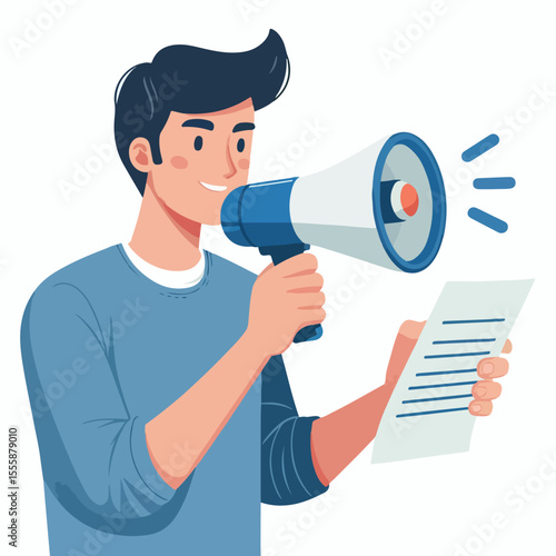 vector image of a person using a megaphone to present information on a white background