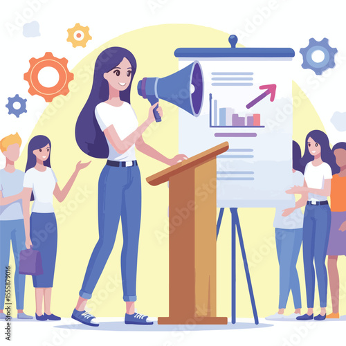 vector image of a person using a megaphone to present information on a white background
