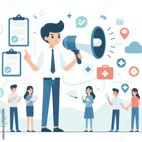 vector image of a person using a megaphone to present information on a white background