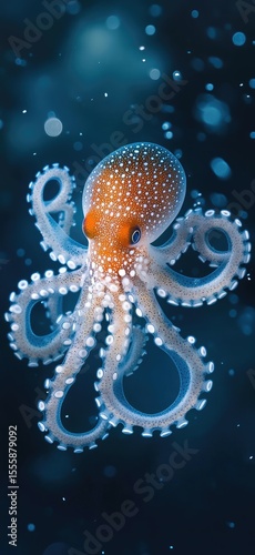 Small octopus in dark blue water