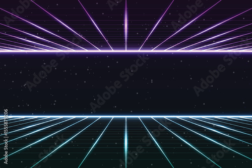 Retro Sci-Fi 80`s Futuristic Grid Landscape Background. Cyber ​​digital texture suitable for design in 1980s style. 3D illustration.