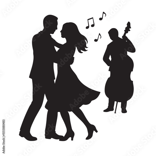Couple Dancing with Live Music Silhouette Romantic Dance and Double Bass Vector Art
