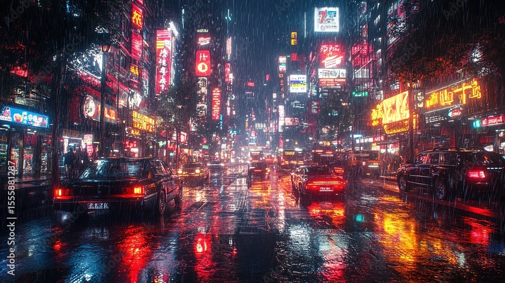 Cyberpunk cityscape at night, neon lights reflecting brilliantly on the rain-soaked streets, futuristic urban environment with skyscrapers and glowing digital billboards, atmospheric dark sci-fi, Cyberpunk cityscape at night, neon lights reflecting brilliantly on the rain-soaked streets, futuristic urban environment with skyscrapers and glowing digital billboards, atmospheric dark sci-fi,