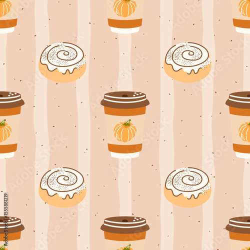 Autumn seamless vector pattern with cocoa, coffee, pumpkin latte, tea, cinnabons, in warm autumn tones. Ideal for seasonal textiles, wrapping paper, and cozy design projects