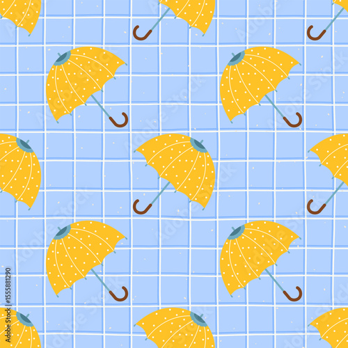 Seamless vector autumn pattern featuring colorful umbrellas. Cozy, hand-drawn design ideal for childrens textiles, wrapping paper, and wallpaper