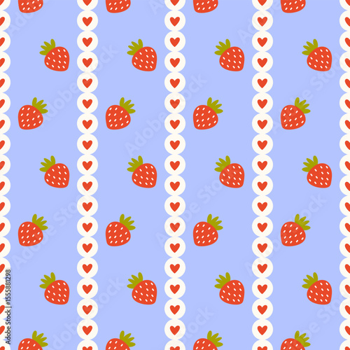 Seamless pattern with wild strawberries and hearts accents. A sweet, hand-drawn vector design perfect for summer textiles, nursery decor, and childrens clothing