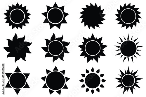sun icons set, sunshine and solar glow, sunrise or sunset. Decorative circle full suns and sunlight collection. sun star icons collection. Summer, sunlight, nature, sky.