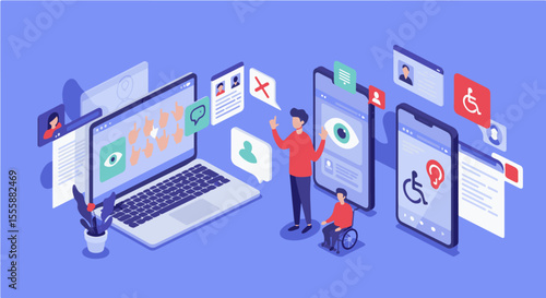 This isometric illustration depicts comprehensive digital accessibility and inclusive technology. Devices show accessibility features, with diverse users emphasizing user-friendly design].