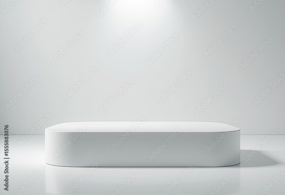 Minimal white rounded rectangular podium in bright clean room with soft overhead light, modern product display background for elegant branding and minimalist design showcase Minimal white rounded rectangular podium in bright clean room with soft overhead light, modern product display background for elegant branding and minimalist design showcase