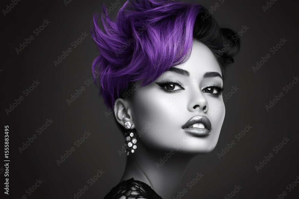 Fototapeta premium Fashion model showing purple hair and elegant earrings