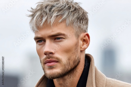 Handsome male model showing trendy hairstyle and beard