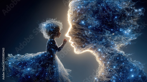 Grown adult gazes into mirror seeing glowing younger self, symbolizing coexistence of inner child and inner adult