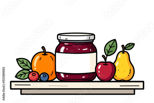 Colorful Illustration of Fruit Preserves and Assorted Fruits on a Shelf, Representing Homemade Goodness and Healthy Eating