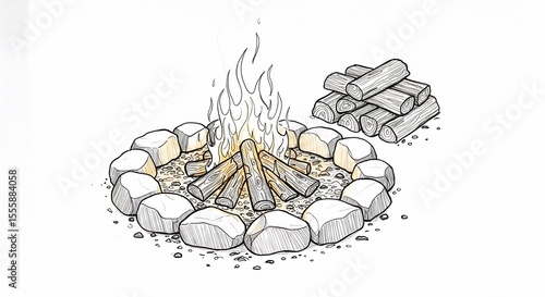 Warm fire glows brightly encircled by stones a neatly stacked woodpile nearby. AI Generated