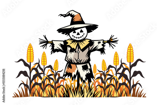 Cartoon Scarecrow in a Cornfield Illustration with Autumn Colors and a Friendly Smiling Face