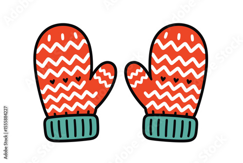 Pair of Cartoon Red Mittens with White Chevron Pattern and Blue Cuffs Illustration