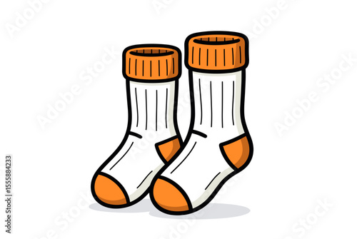 Pair of Clean White Socks with Orange Accents Illustration, Cartoon Style for Clothing and Apparel