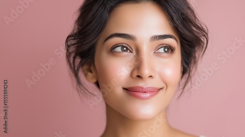 Bright smile against a soft pink background.