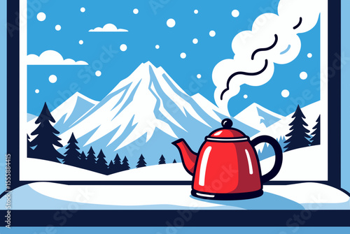 Cozy Winter Scene with Red Teapot on Windowsill Overlooking Snowy Mountain Landscape Illustration