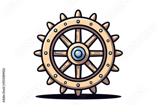 Illustration of a Wooden Cogwheel with Rivets and Spokes on a White Background