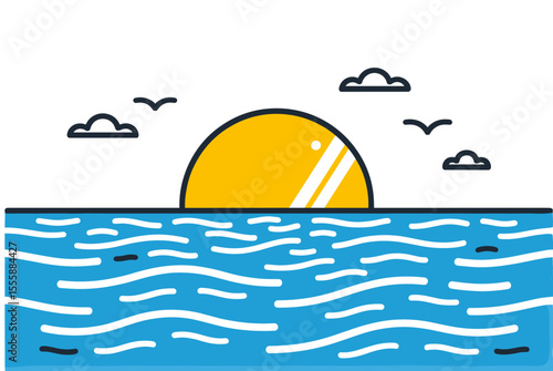 Minimalist Illustration of a Golden Sunset or Sunrise Over the Ocean with Birds Flying