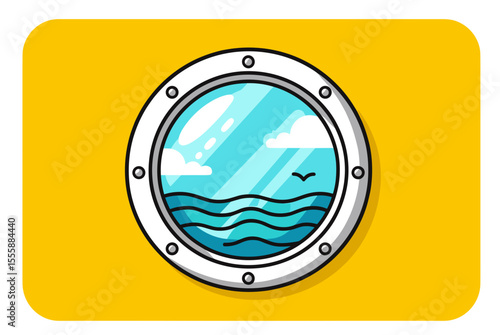 Cartoon Porthole View with Sea, Sky, and Bird Illustration on Yellow Background for Travel and Nautical Themes
