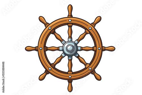 Cartoon Ship Wheel Illustration with Wooden Spokes and Metallic Center for Nautical Theme Designs