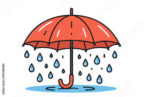 Red Umbrella with Raindrops Falling, Cartoon Style Illustration for Weather Forecast and Protection