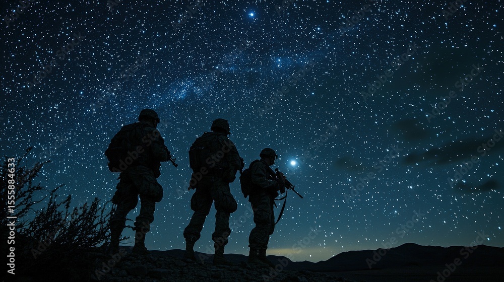 Obraz premium Army soldiers performing night vision training exercises under a starry sky