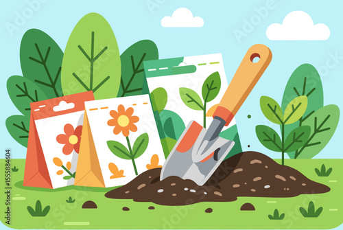 Illustration of Seed Packets and a Trowel in Soil Ready for Planting in a Garden