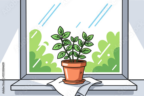 Cartoon Potted Plant on Windowsill with Greenery Background Illustration, Indoor Gardening and Home Decor