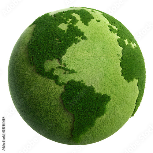 Green earth globe covered in grass isolated on transparent background