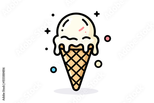 Delicious Vanilla Ice Cream Cone with Sprinkles, Cartoon Style Illustration on White Background