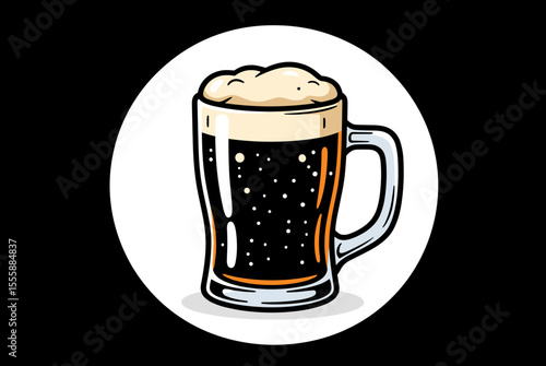 Illustration of a Dark Beer Mug with Frothy Head on a White Circular Background